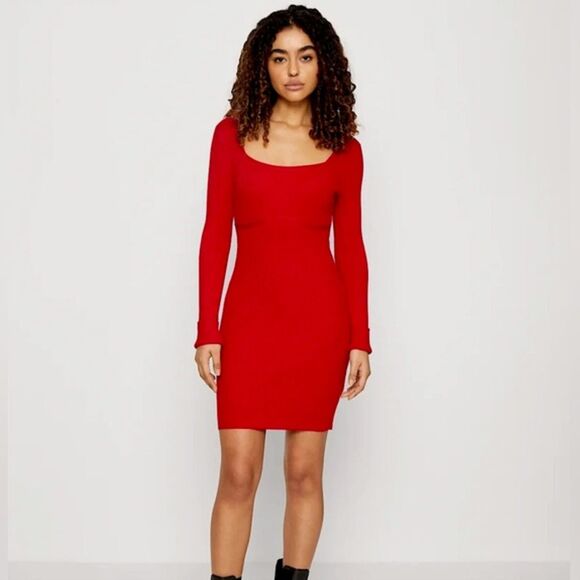 Hollister Dresses & Skirts - NWOT Hollister Red Ribbed Sweater Dress (L) Square Neckline Underbust Shaping